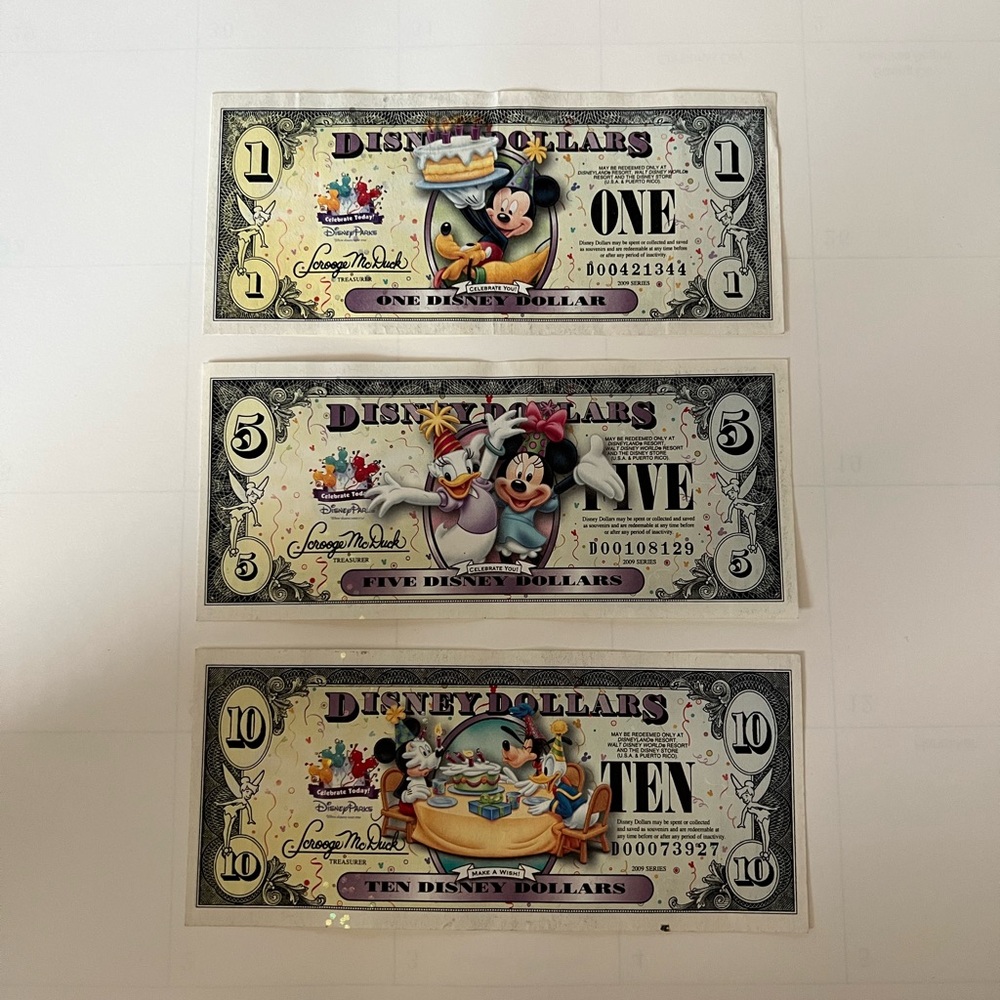 2009 Disneyland Disney Dollars - 3 Piece Set - Birthday Celebration series